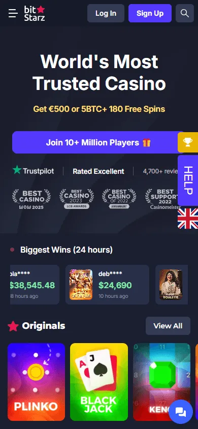 BitStarz Casino home experience on a mobile browser