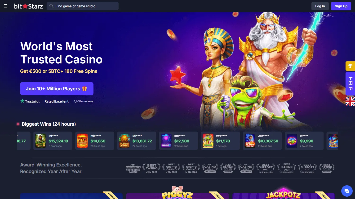 BitStarz Casino home experience on a desktop screen